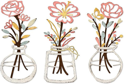 ARTINME 3 Pieces Metal Flowers Wall Arts - Rustic Farmhouse Decor Minimalist Flower Wall Decors for Living Room Bathroom Kitchen Bedroom Dining Room - Housewarming Gifts (Beige)