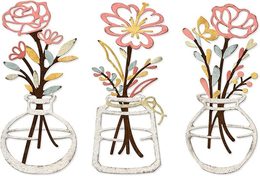 ARTINME 3 Pieces Metal Flowers Wall Arts - Rustic Farmhouse Decor Minimalist Flower Wall Decors for Living Room Bathroom Kitchen Bedroom Dining Room - Housewarming Gifts (Beige)