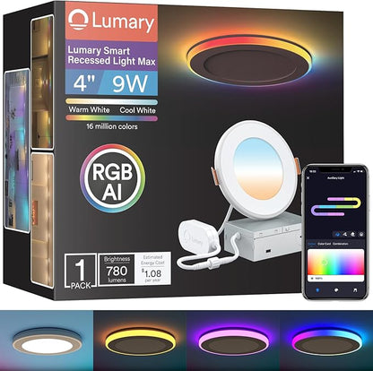 Lumary RGBAI Smart Recessed Lighting 4 Inch with Gradient Accent and Night Ring, 9W 780LM WiFi Canless Wafer Downlight with Junction Box, LED Downlight Work with Alexa/Google Assistant/Siri, 1PCS