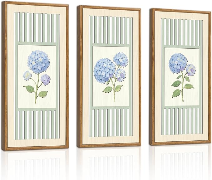 IARTTOP 3 Pcs Vintage Hydrangea Wall Art Framed Watercolor Blue Botanical Floral Wood Wall Decor Minimalist Farmhouse Art Prints for Living Room Bedroom Home Decor 8x16 Inch