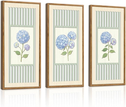 IARTTOP 3 Pcs Vintage Hydrangea Wall Art Framed Watercolor Blue Botanical Floral Wood Wall Decor Minimalist Farmhouse Art Prints for Living Room Bedroom Home Decor 8x16 Inch