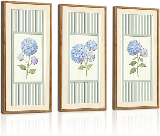 IARTTOP 3 Pcs Vintage Hydrangea Wall Art Framed Watercolor Blue Botanical Floral Wood Wall Decor Minimalist Farmhouse Art Prints for Living Room Bedroom Home Decor 8x16 Inch