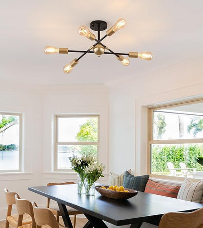 MEIXISUE Modern Semi Flush Mount Ceiling Light Fixture Black and Gold Close to Ceiling Light 6-Light Sputnik Chandelier Light Fixture for Hallway Entryway Bedroom Kitchen Dining Room UL Listed