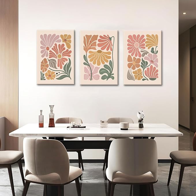 TBKHUDBI Boho Flower Canvas Wall Art Abstract Floral Pictures Prints Set of 3 Minimalist Botanical Painting Poster Flower Market Aesthetic Wall Decor for Living room Bedroom 12"x16" Framed