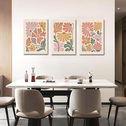 TBKHUDBI Boho Flower Canvas Wall Art Abstract Floral Pictures Prints Set of 3 Minimalist Botanical Painting Poster Flower Market Aesthetic Wall Decor for Living room Bedroom 12"x16" Framed