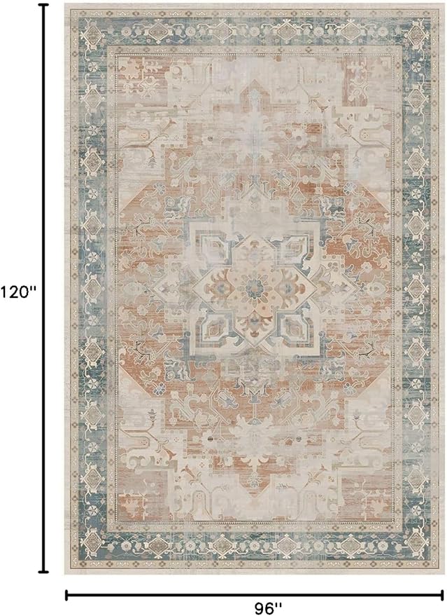 Rugxara 8X10 Orange Boho Rug,Large Washable Area Rugs for Living Room, Neutral Vintage for Office, Dining Room, Kids Room, Farmhouse, Low Pile Non Slip Carpet for High Traffic Areas, Coral