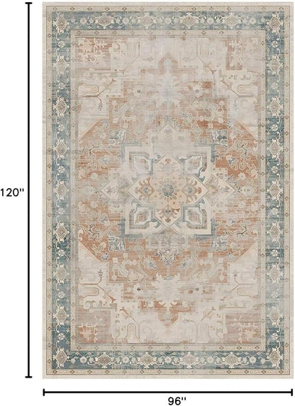 Rugxara 8X10 Orange Boho Rug,Large Washable Area Rugs for Living Room, Neutral Vintage for Office, Dining Room, Kids Room, Farmhouse, Low Pile Non Slip Carpet for High Traffic Areas, Coral