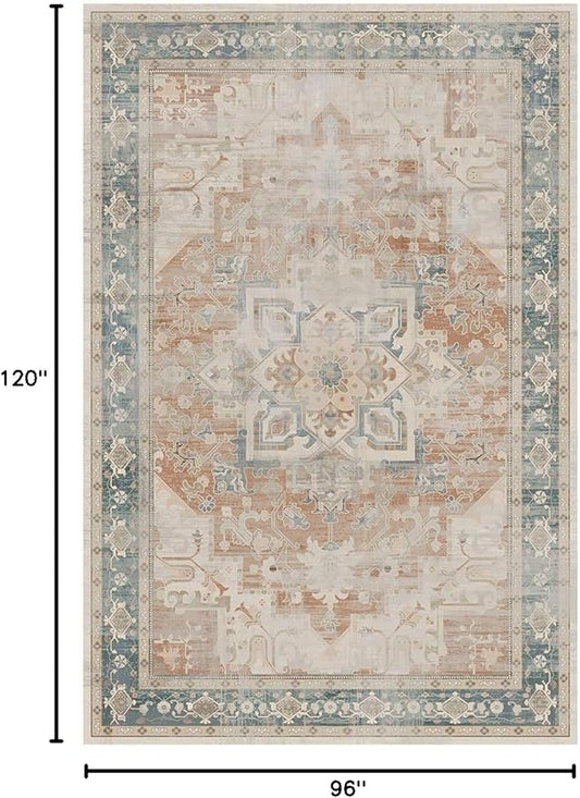 Rugxara 8X10 Orange Boho Rug,Large Washable Area Rugs for Living Room, Neutral Vintage for Office, Dining Room, Kids Room, Farmhouse, Low Pile Non Slip Carpet for High Traffic Areas, Coral