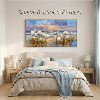 BQVCT Coastal Beach Scene Canvas Wall Art 24x48 Inch with Frame White Flowers and Ocean Sunset Painting Nautical Nature Decor for Living Room Bedroom Office
