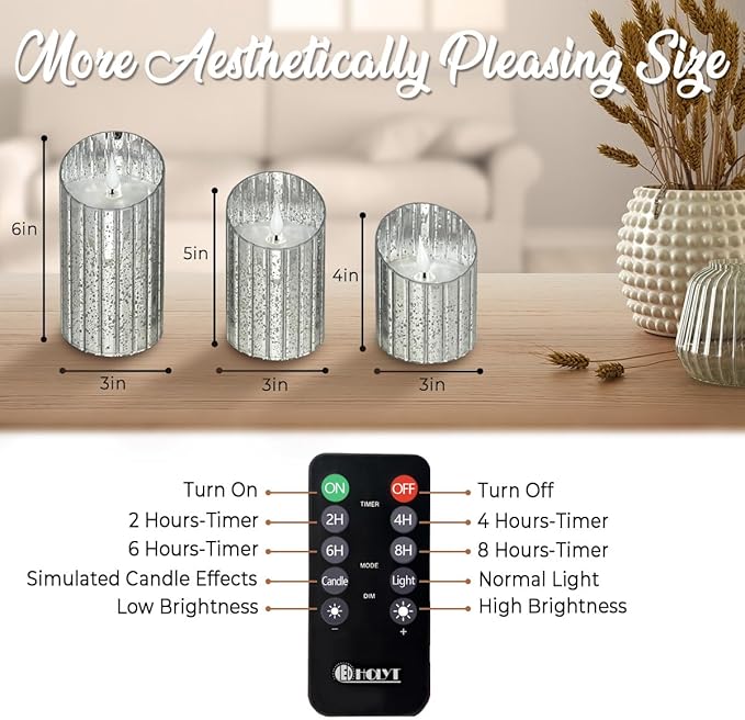 LEDHOLYT Rechargeable Flameless Candle, Flickering LED Pillar Glass Fake Candle with Remote and Timer, Built-in Battery Real Wax Electronic Candle for Room Decoration, Set of 3