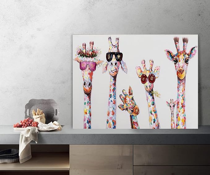 Giraffes Graffiti Canvas Wall Art for Living Room Bansky Wall Decor Colorful Animal Posters Prints Modern Home Decoration Framed Ready to Hang 18x24inch
