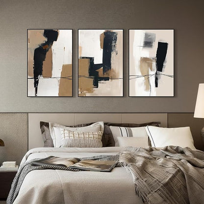 SAFERRYHOME Neutral Abstract Black and Tan Brown Wall Art Framed Canvas Prints, Mid-Century Minimalist Modern Decor Large Artwork for Living Room, Home Office, Dining Room - 3 Panels 24x36 Inch