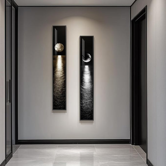 Framed Long Narrow Vertical Moon Wall Art Set of 2, Modern Black White Gold Bright Art Prints Paintings, Night Sea Landscape Pictures for Living Room Entryway Hallway Dining Room Bedroom Wall Decor