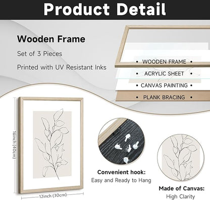 Neutral Botanical Prints Wall Art Decor Plant Minimalist Canvas Pictures Vintage Beige Wall Art Modern Farmhouse Line Poster Boho Abstract Painting Artwork for Bedroom 12x16 Inch Framed Set of 3