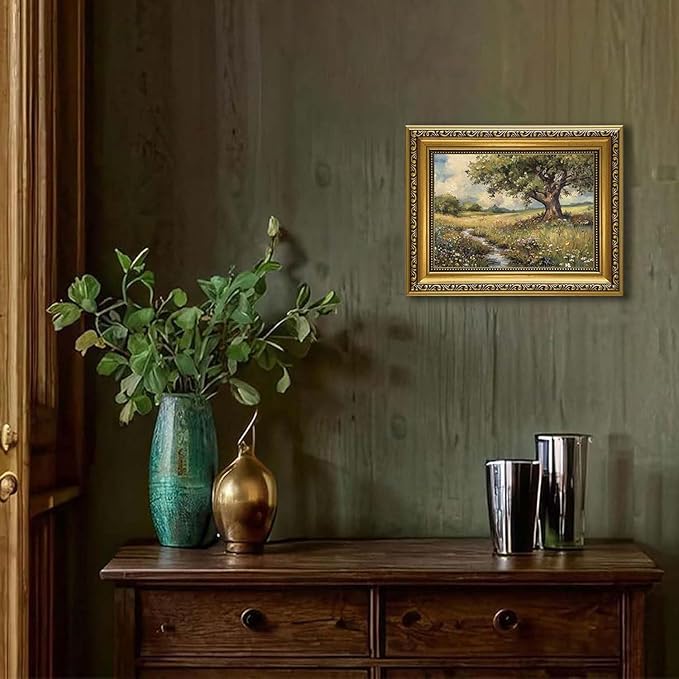 YD&YZY Gold Framed Vintage Wall Art Canvas Spring Country Landscape Wall Decor Wildflower Farmhouse Painting Rustic Nature Picture Cottagecore Print for Home Decor Bedroom 8x10 inch Small Framed