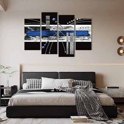 YPY Black Blue Canvas Wall Art - 4 Panels Modern Abstract Picture Set for Home Decoration - Extra Large Contemporary Painting Artwork Ready to Hang Living Room Bedroom W64 x H42