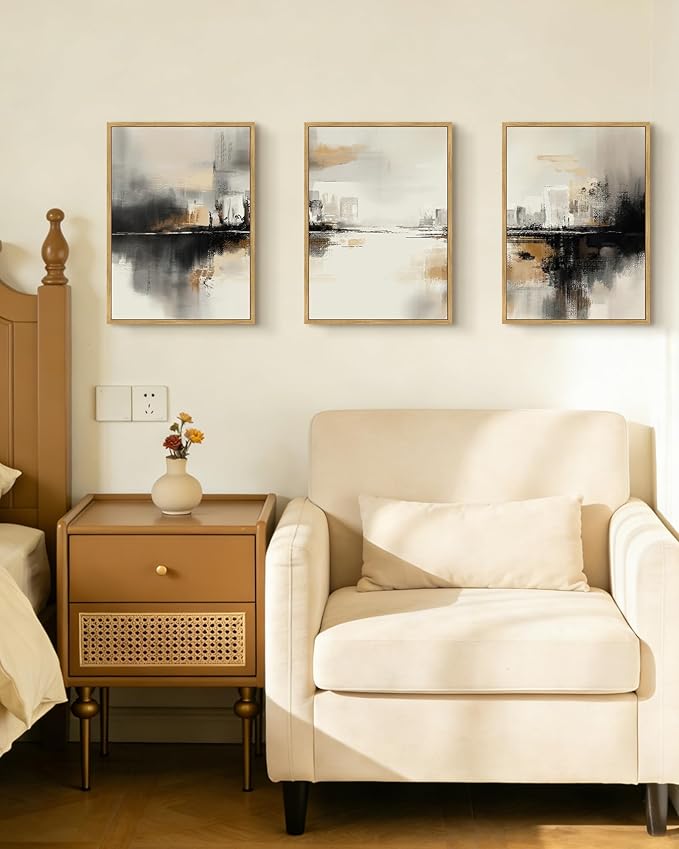 Drsoum Vintage Black Gray Abstract Wall Art Framed Brown Tan Neutral Prints Minimalist Modern Rustic Artwork Bedroom Living Room Ready to Hang 11x14in Natural Framed
