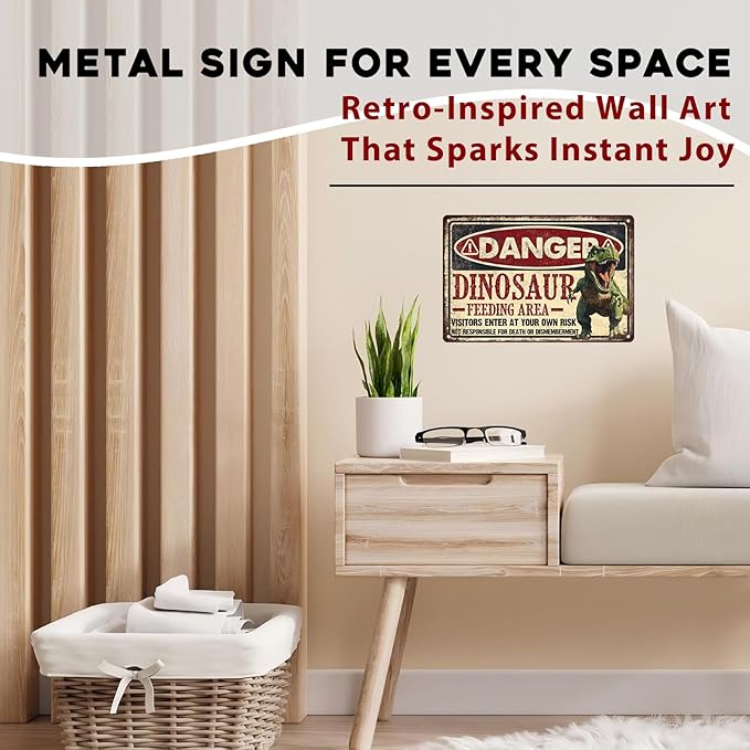 Dinosaur Vintage Tin Sign Dinosaur Feeding Area Great Boy's Room Metal Decor Sign Warning for Bedroom and Playroom 8x12inch