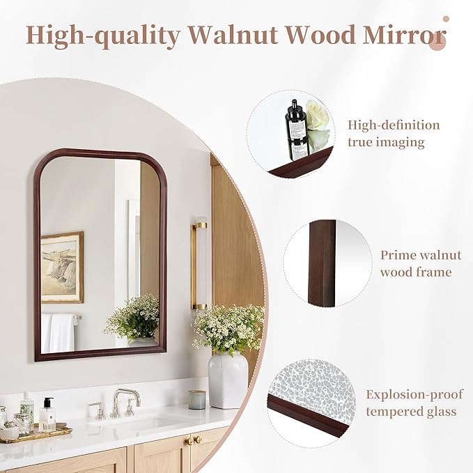 Wood Bathroom Mirror for Wall,Arched 24 x 36 inch Hanging Vanity Dark Brown Tempered Mirrors with Rounded Corner for Living Room,Bedroom,Entryway