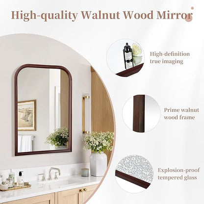 Wood Bathroom Mirror for Wall,Arched 24 x 36 inch Hanging Vanity Dark Brown Tempered Mirrors with Rounded Corner for Living Room,Bedroom,Entryway