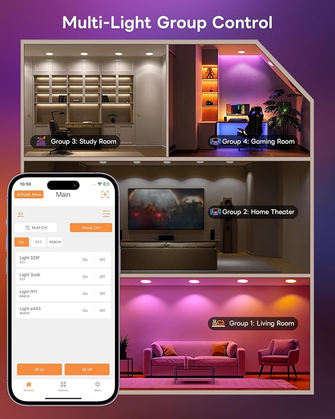 Smart Recessed Lighting 6 Inch, Color Changing Canless Ceiling Lights with Junction Box, 1500 Lumen Wafer Downlight RGB Dimmable with APP, Alexa, Siri, Google Assistant, 1 Pack