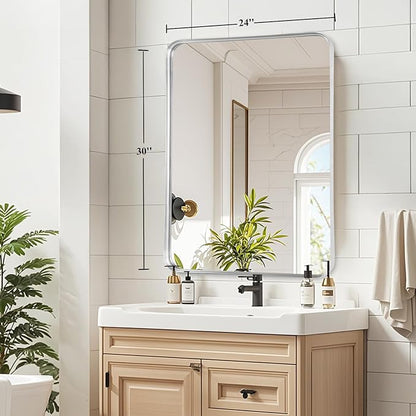Bathroom Mirror - 24x30 Inch Silver Framed Sink Mirror for Bathroom, Brushed Metal Frame Rectangle Mirror for Restroom, Entryway