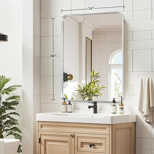 Bathroom Mirror - 24x30 Inch Silver Framed Sink Mirror for Bathroom, Brushed Metal Frame Rectangle Mirror for Restroom, Entryway