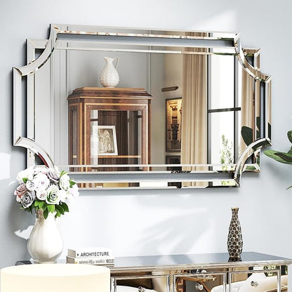 Chende 32" x 47" Large Wall Mirror for Living Room Decor, Modern Unique Decorative Mirror with Beveled Glass Scalloped Corner, Horizontal or Vertical Hanging for Entryway, Dining Room, Bathroom