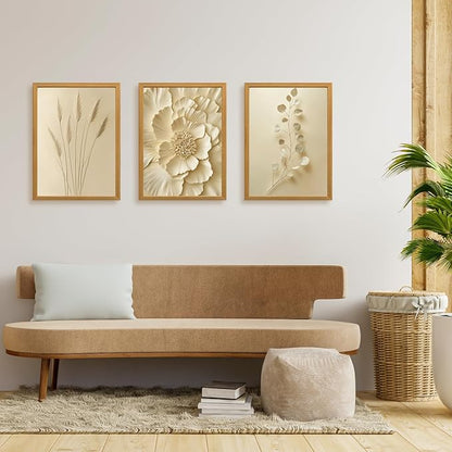 GELDSTEI Neutral Beige Floral Canvas Wall Art, Modern Minimalist Botanical Wall Decor, Vintage Beige Elegant Flower Poster Prints for Living Room Bedroom Wood Framed Set of 3, Each 16x24 Inch
