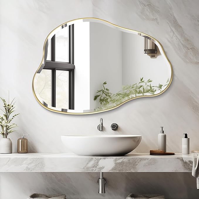 POZINO Irregular Beveled Mirror, 36"x24" Asymmetrical Bathroom Vanity Mirror with Gold Metal Frame, Cloud Shaped Wall Mirrors for Living Room Bedroom Hallway Entryway, Horizontal/Vertical Hanging