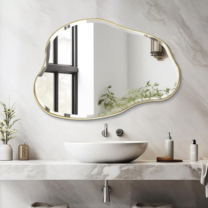 POZINO Irregular Beveled Mirror, 36"x24" Asymmetrical Bathroom Vanity Mirror with Gold Metal Frame, Cloud Shaped Wall Mirrors for Living Room Bedroom Hallway Entryway, Horizontal/Vertical Hanging