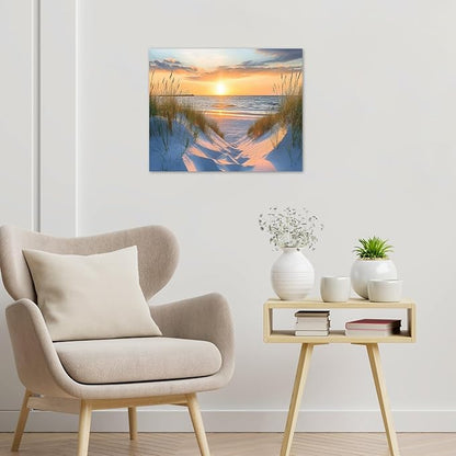 LB Coastal Sunset Beach Wall Art Nature Seascape Landscape Ocean Canvas Wall Art Green Grass Plant Wall Decor for Bedroom Living Room Bathroom Framed Ready to Hang 16L x 20W