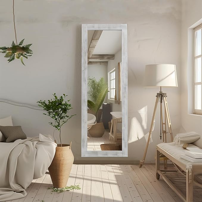 MELOMOIR Rustic Farmhouse Full Length Mirror, 64"x21" Wood Frame Floor Mirror, Free Standing Mirror Leaning Hanging Mirror, Long Mirror for Bedroom Living Room Cloakroom, Weathering White