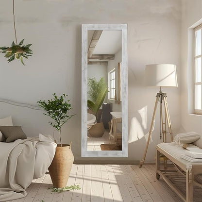 MELOMOIR Rustic Farmhouse Full Length Mirror, 64"x21" Wood Frame Floor Mirror, Free Standing Mirror Leaning Hanging Mirror, Long Mirror for Bedroom Living Room Cloakroom, Weathering White