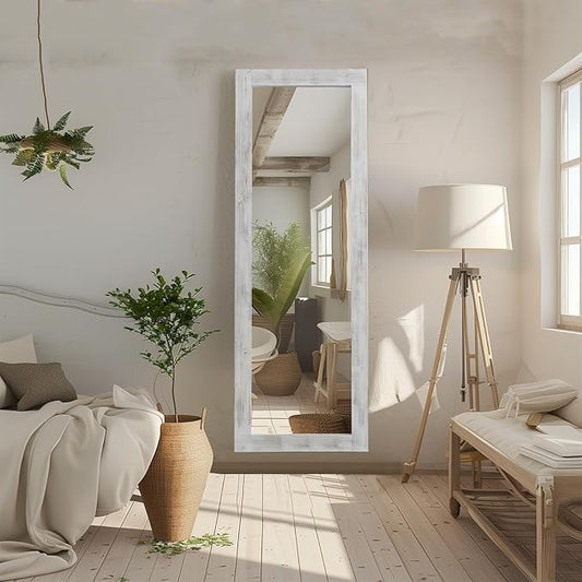 MELOMOIR Rustic Farmhouse Full Length Mirror, 64"x21" Wood Frame Floor Mirror, Free Standing Mirror Leaning Hanging Mirror, Long Mirror for Bedroom Living Room Cloakroom, Weathering White