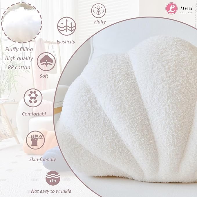 Lfsaaj Seashell Throw Pillows, Shell Shaped Throw Pillows, 18 Inch Soft Home Decorative Pillow Plush Cushion for Bed Couch Living Sofa Room Decor Accent Throw Pillow (Ivory 18Inch)