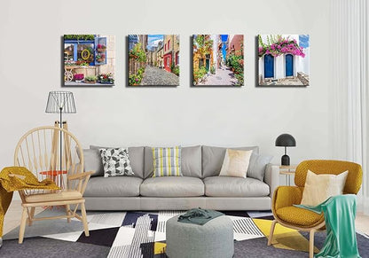 Italy Tuscan Wall Art, Colorful Nature Scenic Framed Pictures Canvas Prints, Modern Town Street Artwork Paintings for Living Room, Bedroom, Office Wall Decor