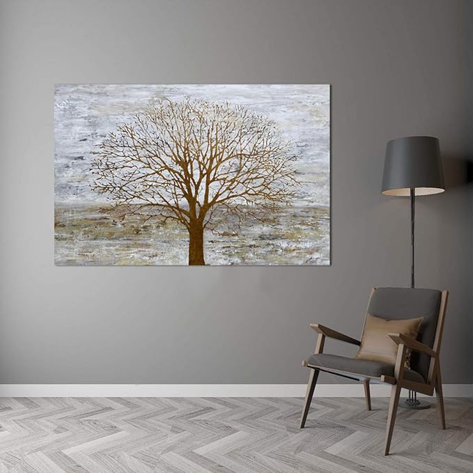Yihui Arts Canvas Wall Art for Living Room, Gray Wall Decor Long Nature Tree Painting Large Abstract Canvas Artwork Contemporary Pictures Modern Landscape for Office Decoration