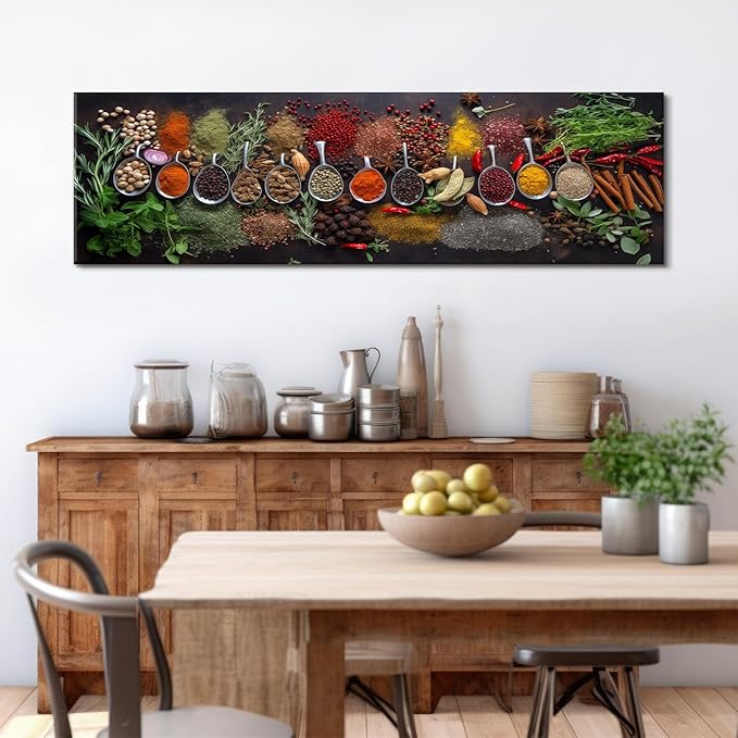 Large Colorful Kitchen Wall Art Spices Herb Food Picture for Dining Room Wall Decor Seasoning Herb Spoon Canvas Prints Poster Vintage Modern Family Bar Painting Artwork Home Decorations 14x48”