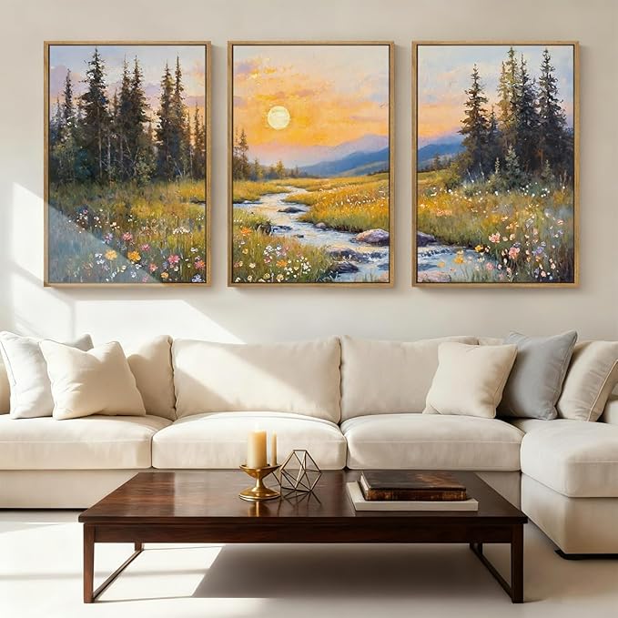 IARTTOP Extra Large Mountain Landscape Wall Art Framed 24x36 Inch Abstract Forest Canvas Wall Decor Sunset Nature Scenery Artwork for Living room Bedroom Set of 3