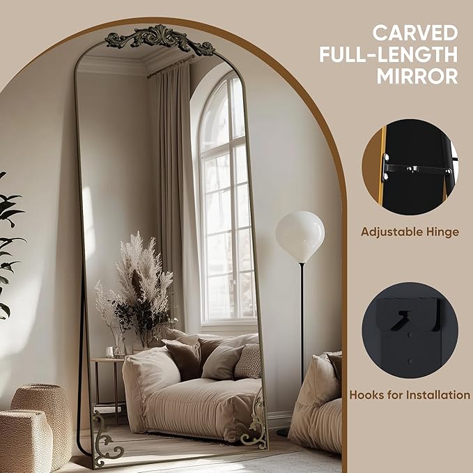 Antok Arched Full Length Mirror, 71"x28" Floor Mirror with Carved, Full Body Mirrors for HomeDecor, Standing/Halling Large Wall Mirror for Bedroom, Living Room, Cloakroom, Bronze, Luxury Style