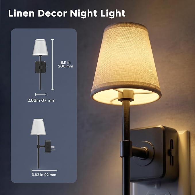 L LOHAS LED Night Light, 2 Pack Night Lights Plug Into Wall with 0-100 LM Dimmable, Premium Fabric Linen Shade Plug in Night Light, 3000K Warm LED Wall Night Light Bedroom, Living Room, Decor