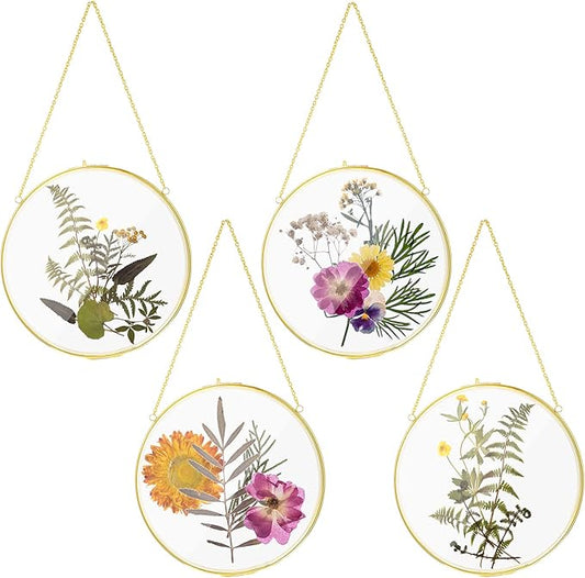 Qunclay 4 Pcs Double Glass Frame for Pressed Flowers Round Hanging Herbarium Floating Flower Press Frame Clear DIY Vintage Artwork Display holder(8 Inch,Gold)