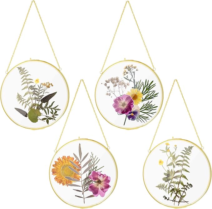 Qunclay 4 Pcs Double Glass Frame for Pressed Flowers Round Hanging Herbarium Floating Flower Press Frame Clear DIY Vintage Artwork Display holder