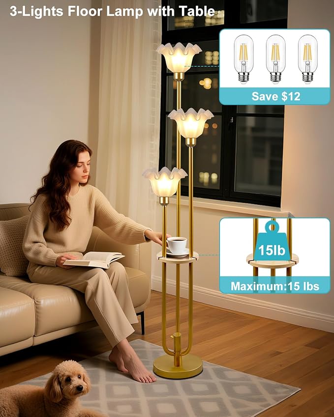 Flower Floor Lamp for Living Room, Vintage Dimmable Floor Lamp with Shelf & LED Bulbs, 3 Light 3000K Warmwhite Mid Century Gold Floral Standing Tall Lamp with 5Lbs Heavy Base for Bedroom