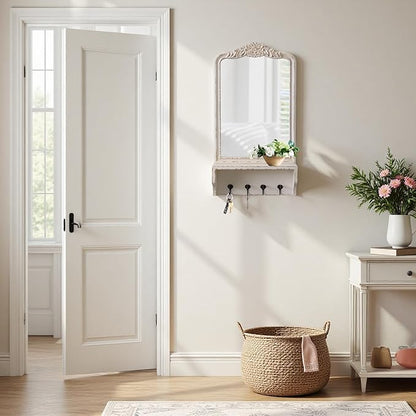 Vintage Mirror with Shelf and 4 Hooks 30 X 16 Inch, Hanging Distressed White Wood Framed Rustic Wall Mirror Decorative with Storage for Entryway Bathroom Living Room Bedroom
