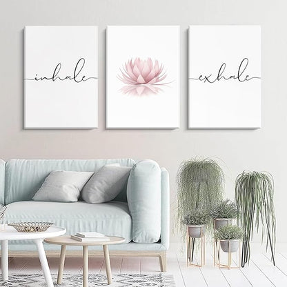 Pennclys Inhale Exhale Wall Art Zen Canvas Decor Yoga Lotus Wall Art Calming Meditation Artwork Pink Yoga Poster Zen Pictures Painting for Living Room Bedroom 16x24 Inch Ready to Hang Set of 3