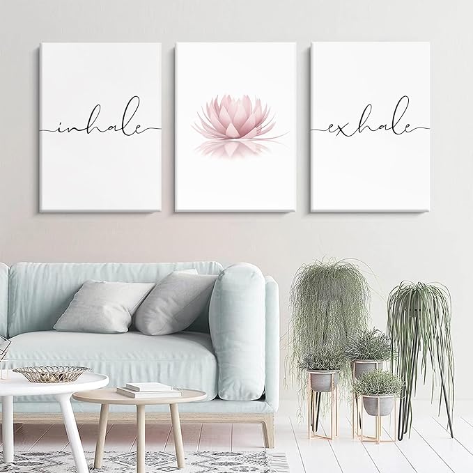 Pennclys Inhale Exhale Wall Art Zen Canvas Decor Yoga Lotus Wall Art Calming Meditation Artwork Pink Yoga Poster Zen Pictures Painting for Living Room Bedroom 12x16 Inch Ready to Hang Set of 3