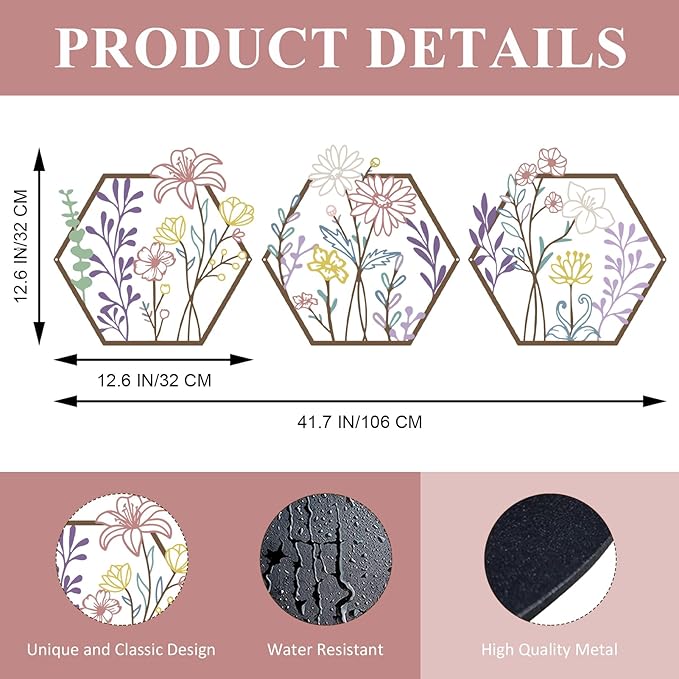 ESTART 3 Pcs Metal Flower Wall Decor, Minimalist Floral Wall Hanging Art, Abstract Line Floral Wall Art Sculpture for Bedroom Bathroom Living Room Kitchen Dining Room (Colorful)