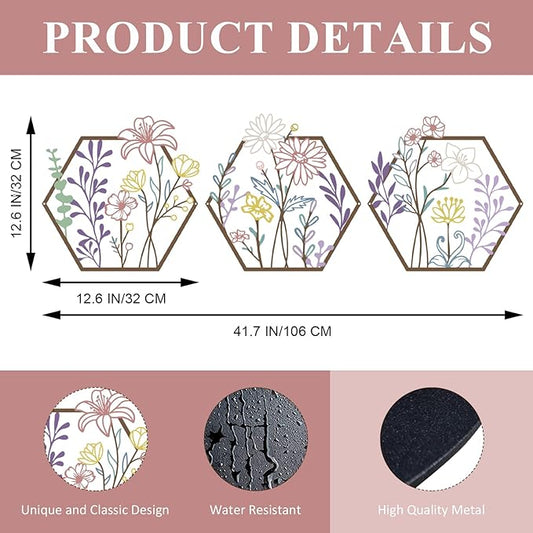 ESTART 3 Pcs Metal Flower Wall Decor, Minimalist Floral Wall Hanging Art, Abstract Line Floral Wall Art Sculpture for Bedroom Bathroom Living Room Kitchen Dining Room (Colorful)